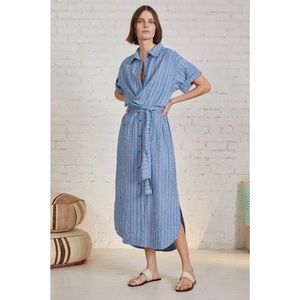 Apiece Apart Nicoya Wrap Dress Blue Seersucker Stripe XS New With Tags & Button
